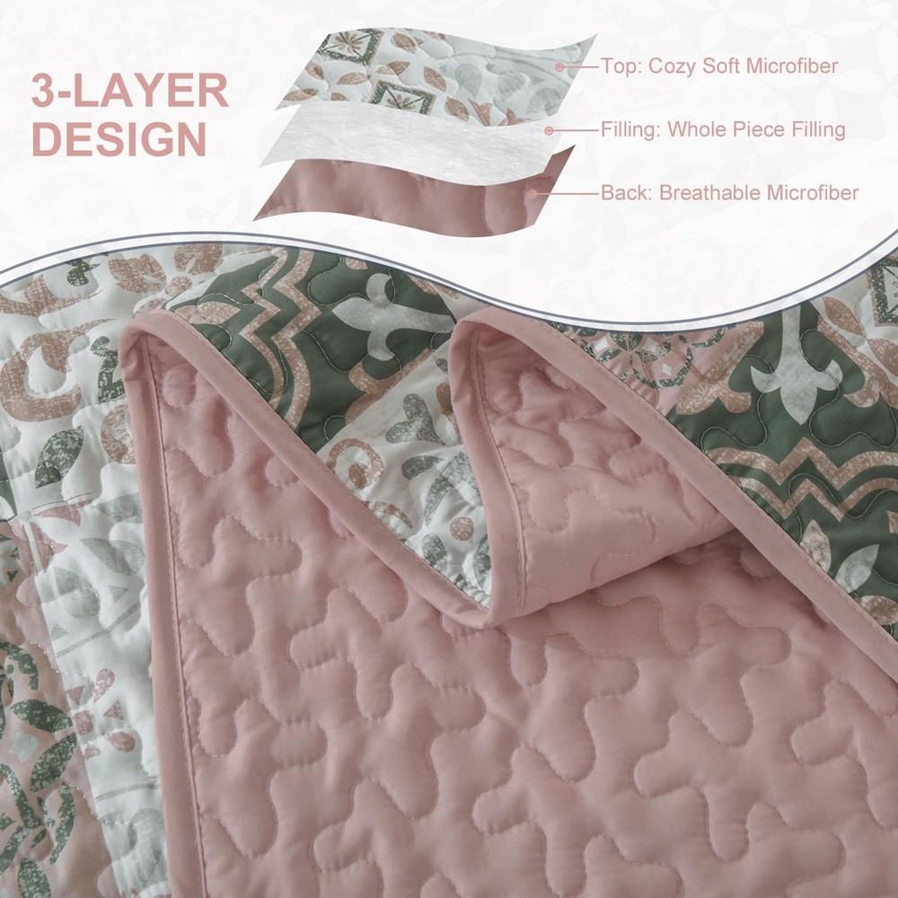 Dobuyly Blush Quilt Set Queen Size, Boho Patchwork Plaid Queen, Pink