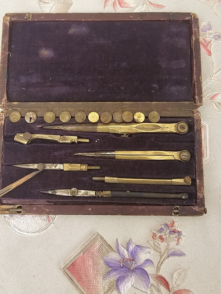 antique Victorian Drafting Compass Tools Wooden Box