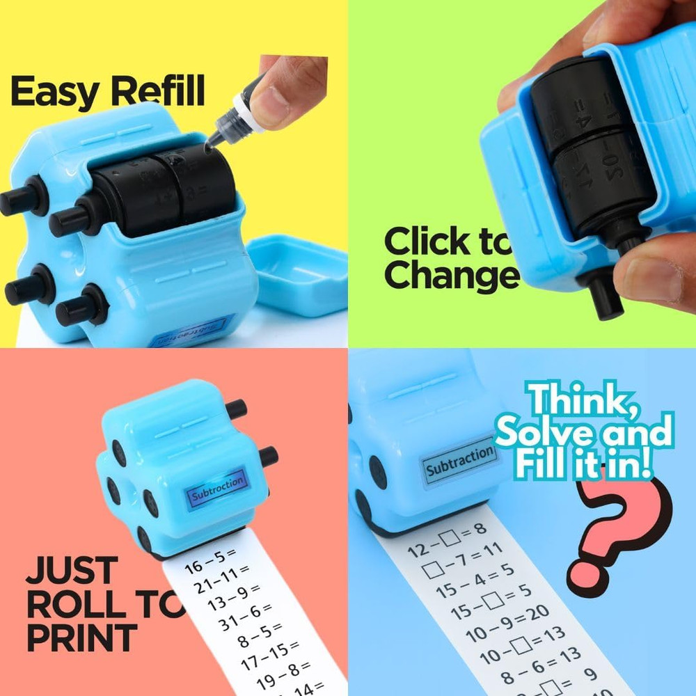 Math Teacher 4-In-1 Math Roller Stamp, Addition, Subtraction, Multiplication & F
