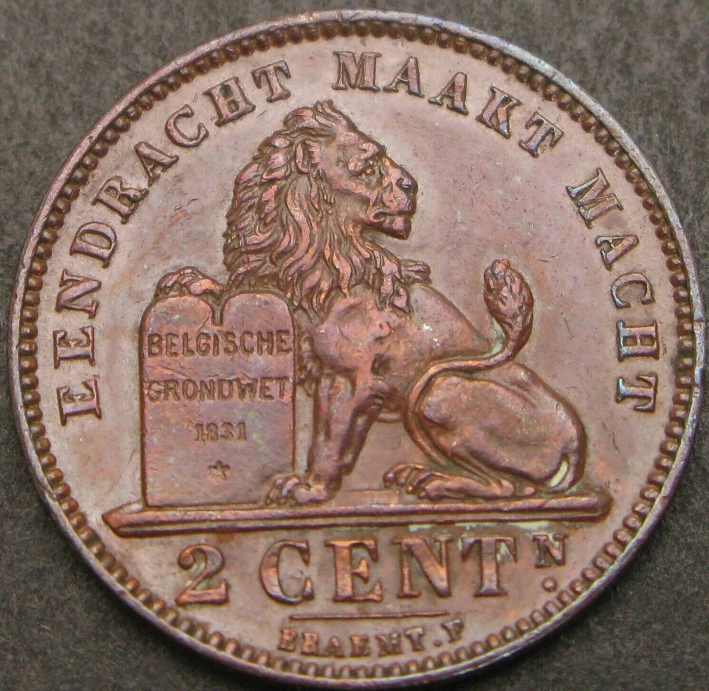 BELGIUM 2 Centimes 1905 - Copper - XF
