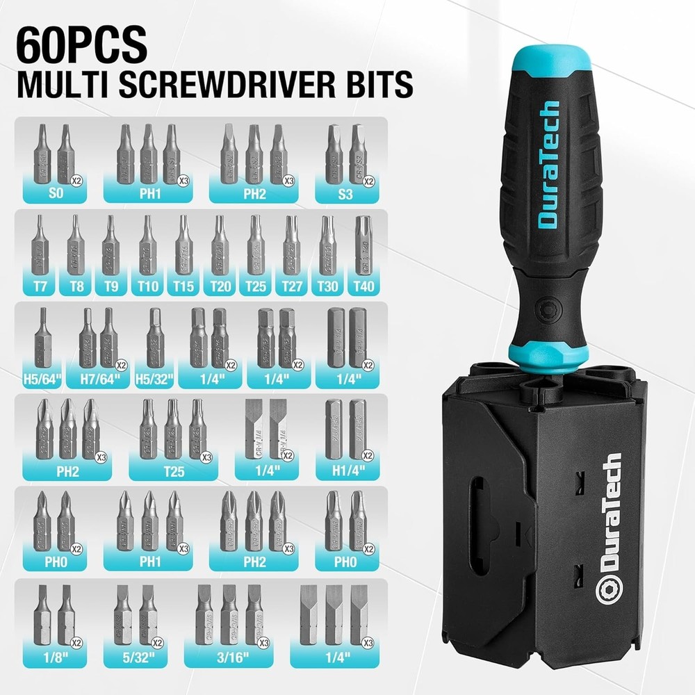 DURATECH Screwdriver, Multi-Function Screw Driver with 60 Replaceable Cr-V Bits