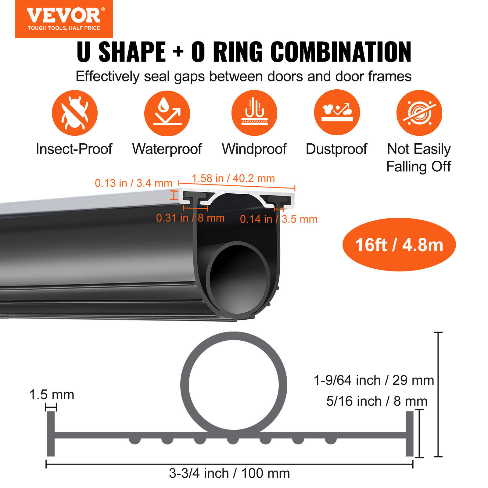 VEVOR Garage Door Seals Bottom Rubber with Track Retainer 16ft 5/16 inch T-end