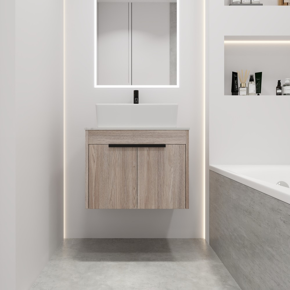 24"Modern Wood Floating Wall Mounted Bathroom Vanity +Ceramic Rectangular Basin