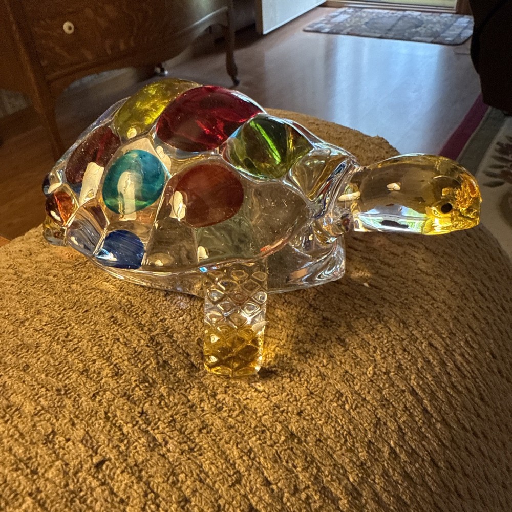 Handpainted Crystal Glass Clear With Multi Colors Turtle Figurine