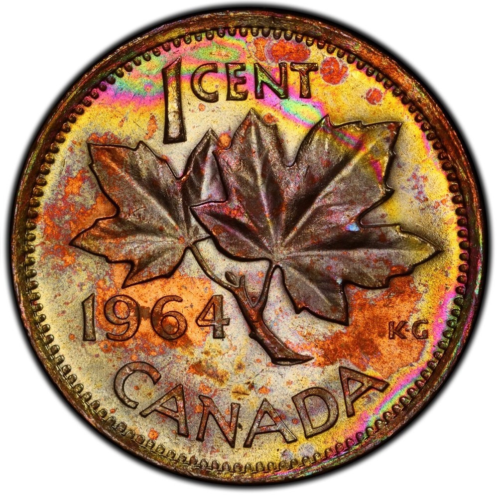 MS64RB 1964 Canada 1C Maple Leaf Cent, PCGS Trueview- Pretty Rainbow Toned