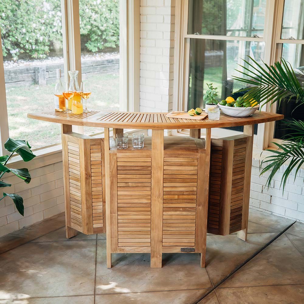 Ash & Ember Acadia Grade A Teak Folding Bar Table, Two Tier Cabinet