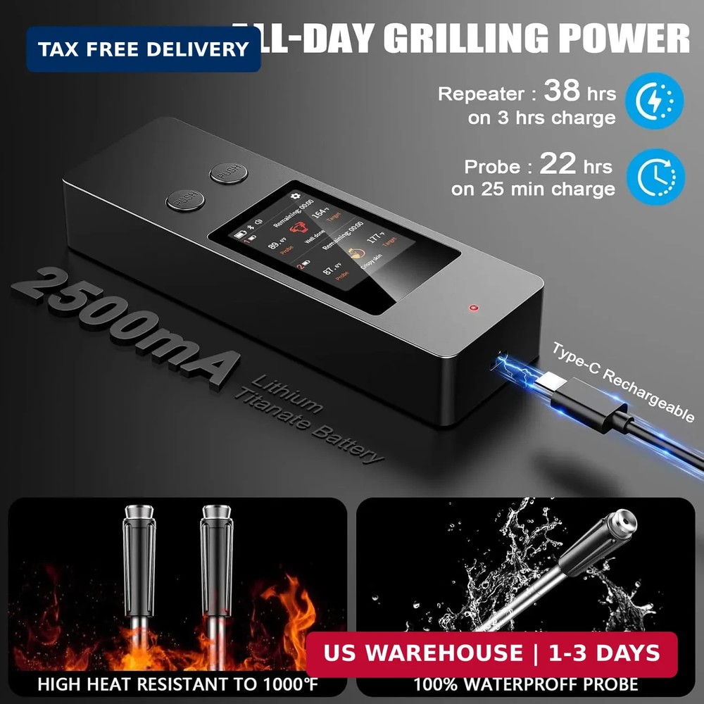 Bluetooth Wireless Meat Thermometer, No App Needed, 800FT Range, Dual Ultra-Thin