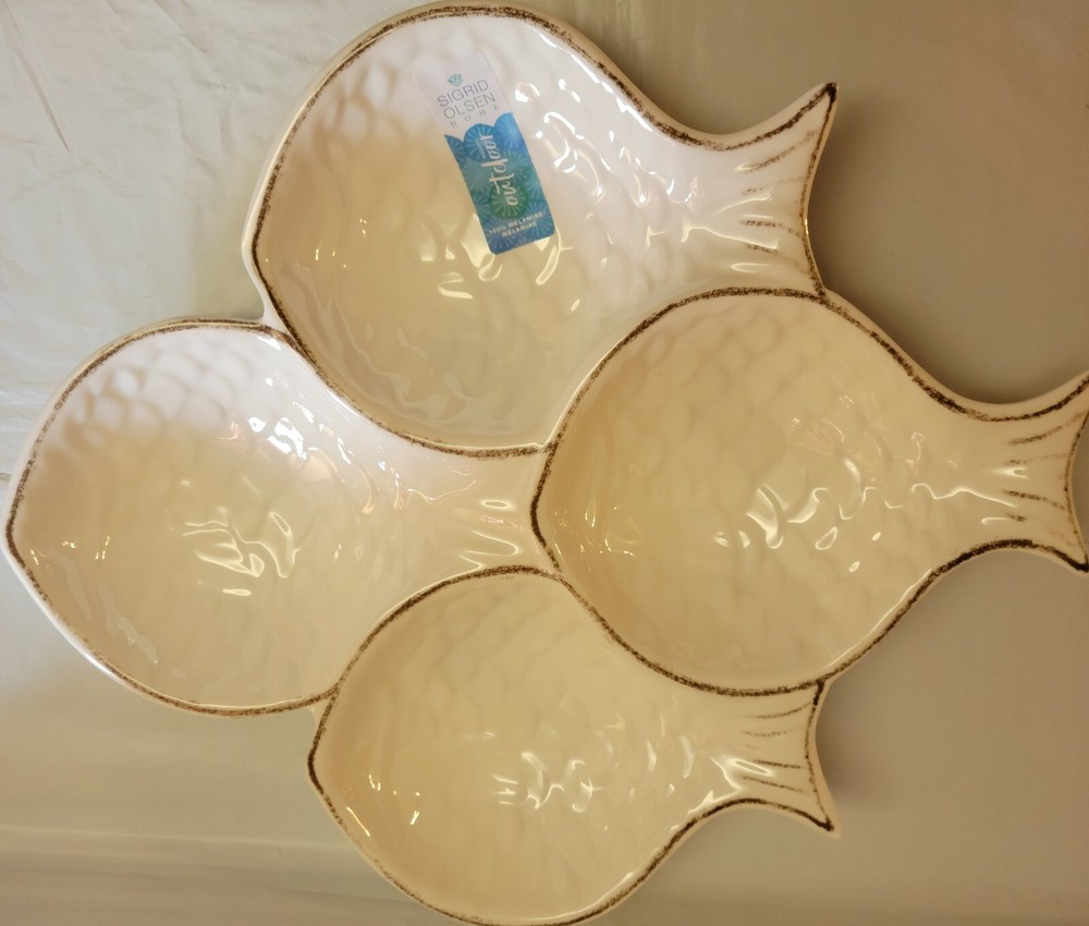 Sigrid Olsen Fish Shaped Ivory Brown Melamine Divided Appetizer Serving Platter