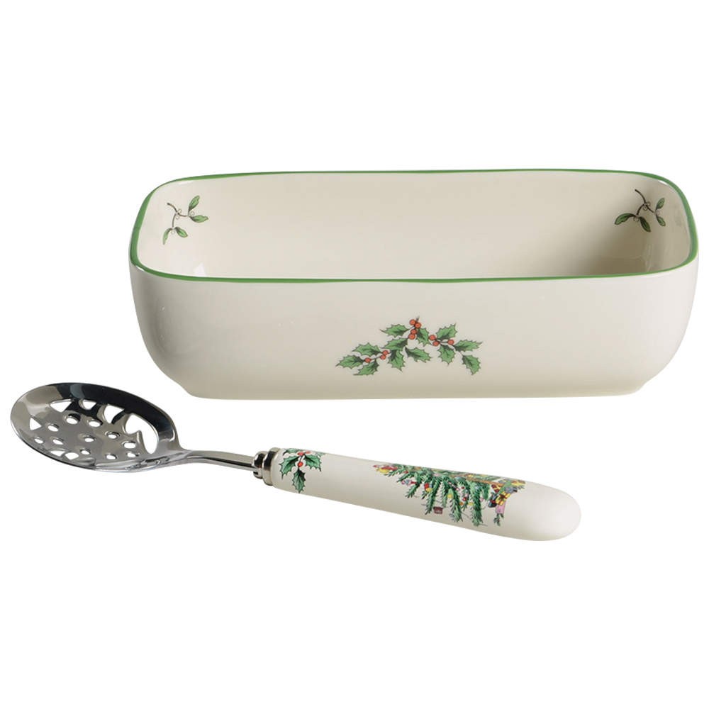 Spode Christmas Tree Cranberry Bowl & Stainless/Ceramic Server