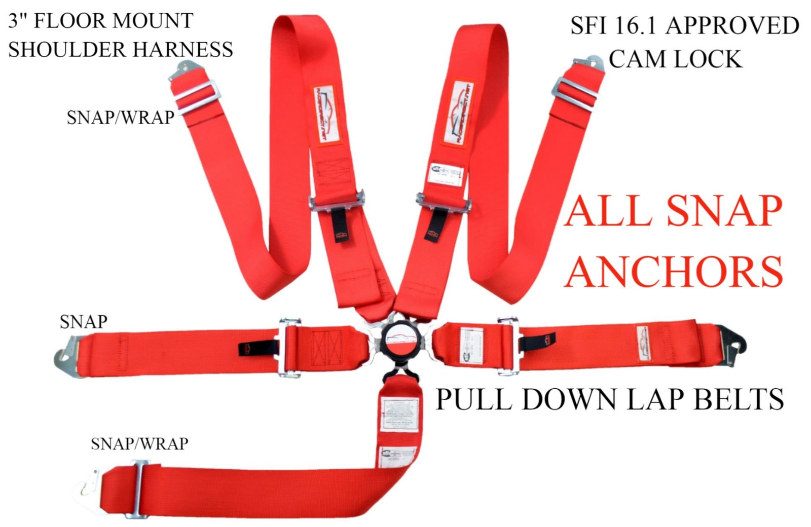 SFI 16.1 SNAP IN CLIP IN FLOOR MOUNT CAM LOCK 5 POINT HARNESS RED NHRA IHRA