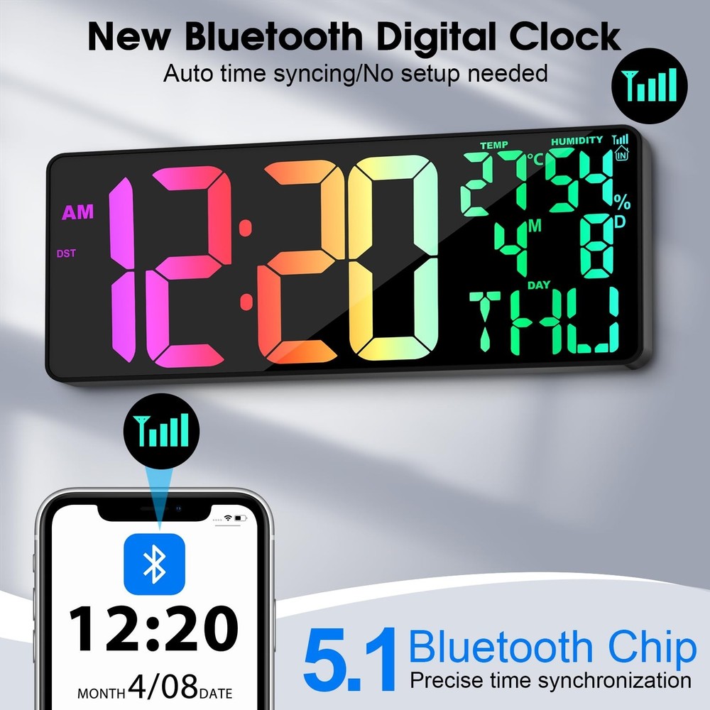 11 RGB Color Changes Large Digital Wall Clock/Bluetooth Auto Time Sync, Remot...