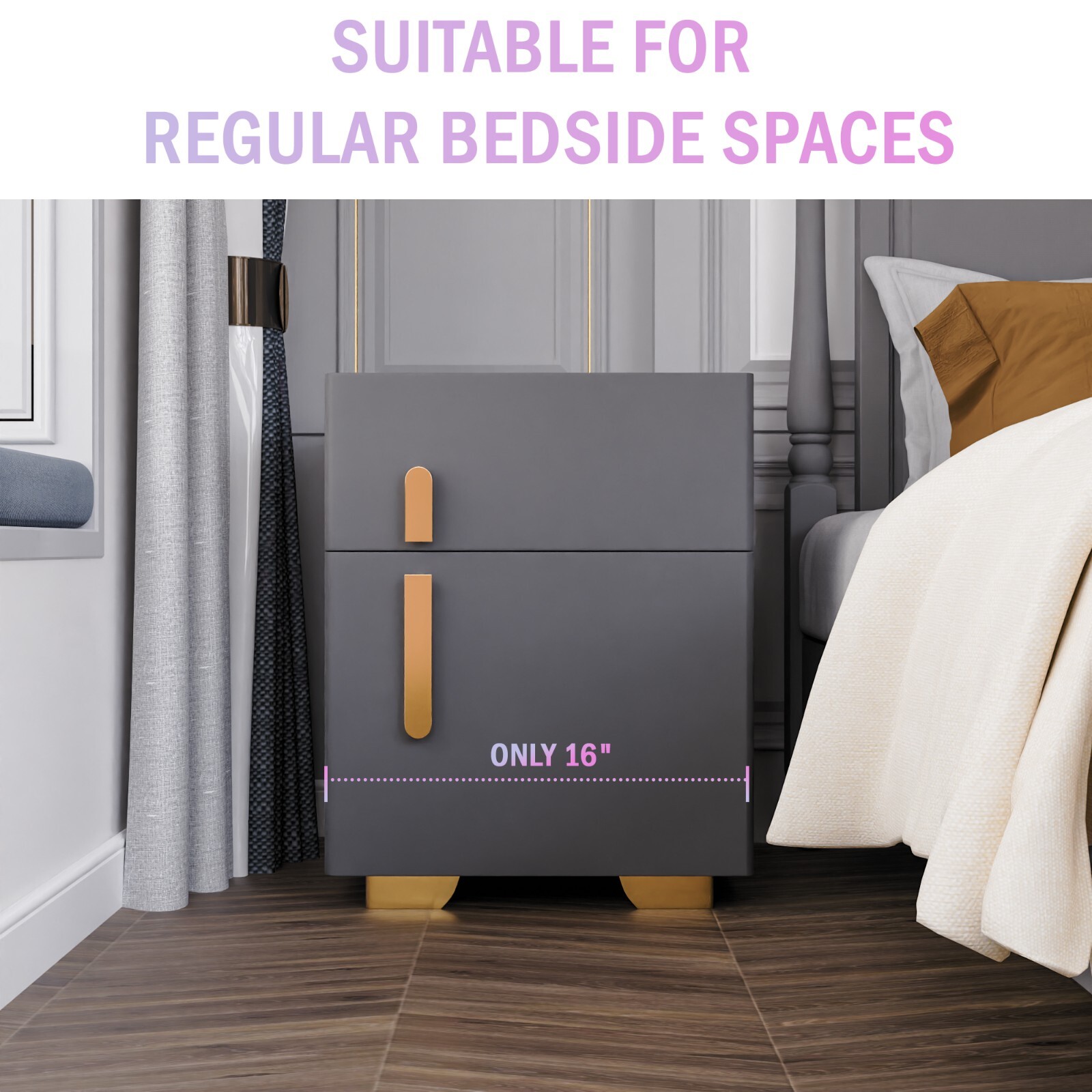 Dark Gray Double Drawer Smart Bedside Table with Safe + Wireless Charging