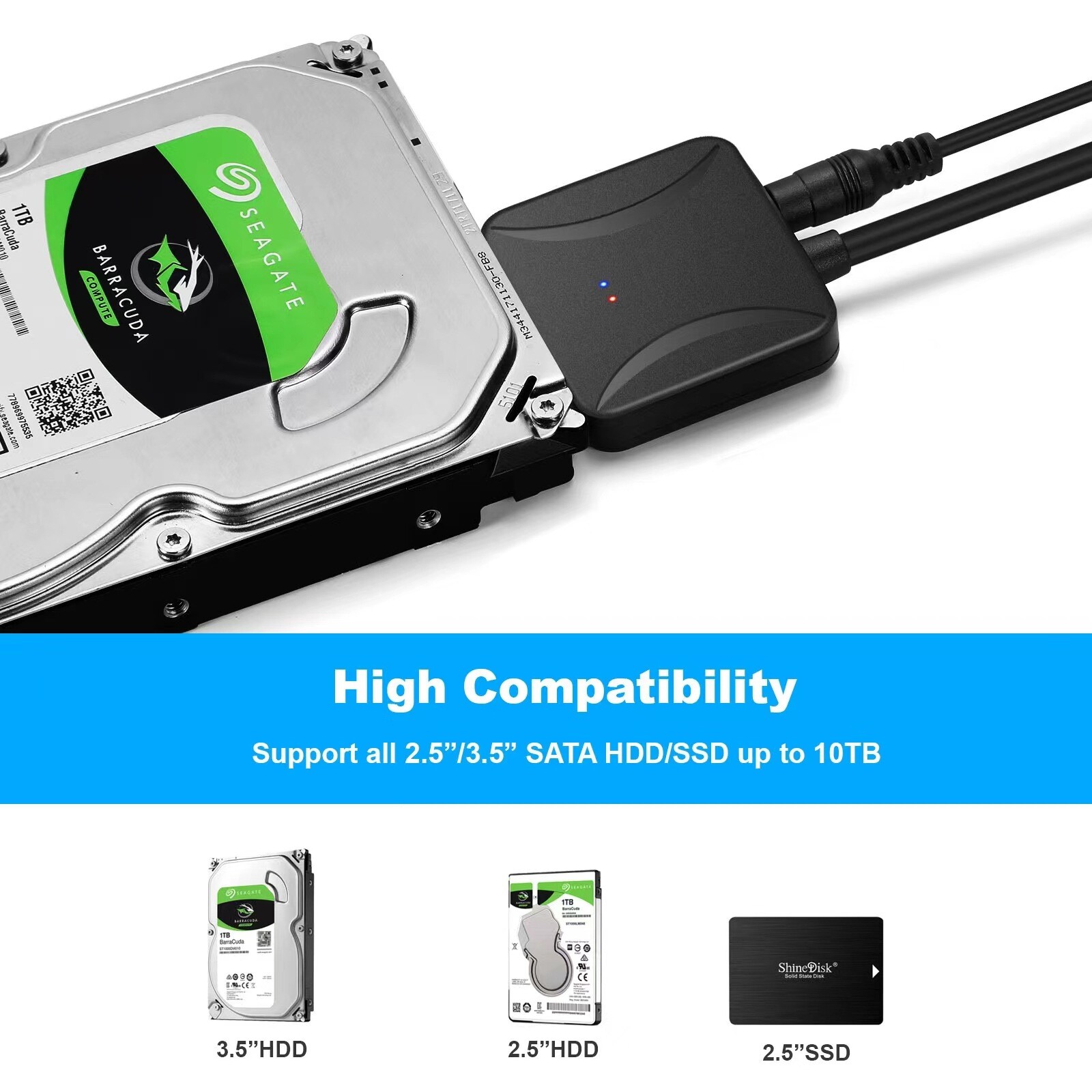 USB 3.0 to SATA External Hard Drive Reader 2.5" 3.5" HDD SSD Power adapter