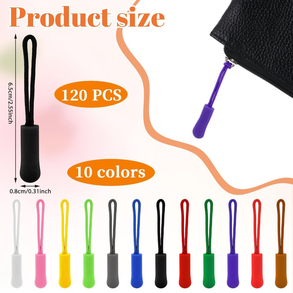 120 Pcs Zipper Pull Replacement, Strong Cord Fixer Zippers Pulls Multicolor