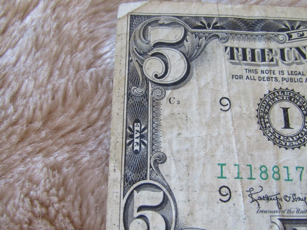 1963 $5 bill offcut with printing error