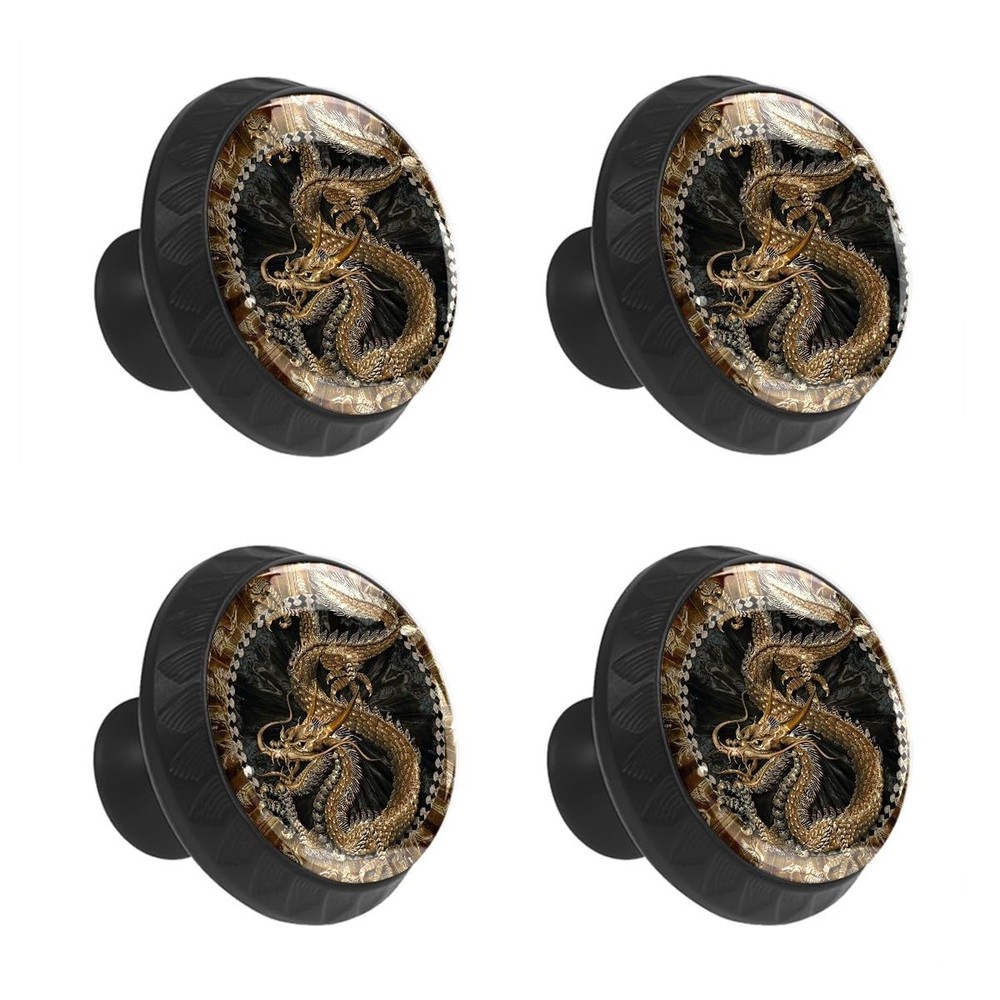 4 Pack Cabinet Knobs Taditional Golden Dragon Drawer Pulls Crystal Glass Roun...