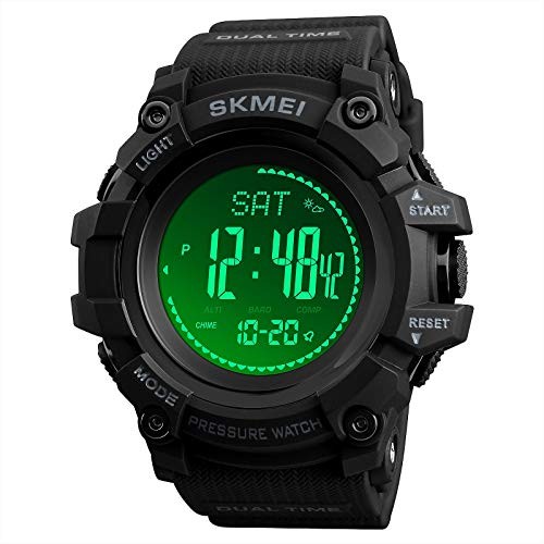 Watch Compass, Altimeter Barometer Thermometer Temperature, Pedometer, Black-A