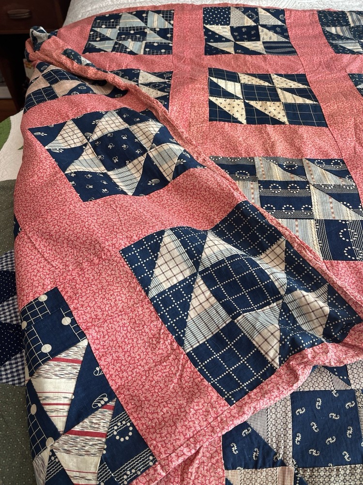 Vintage Handmade Quilt Indigo Pink Patchwork Bedspread