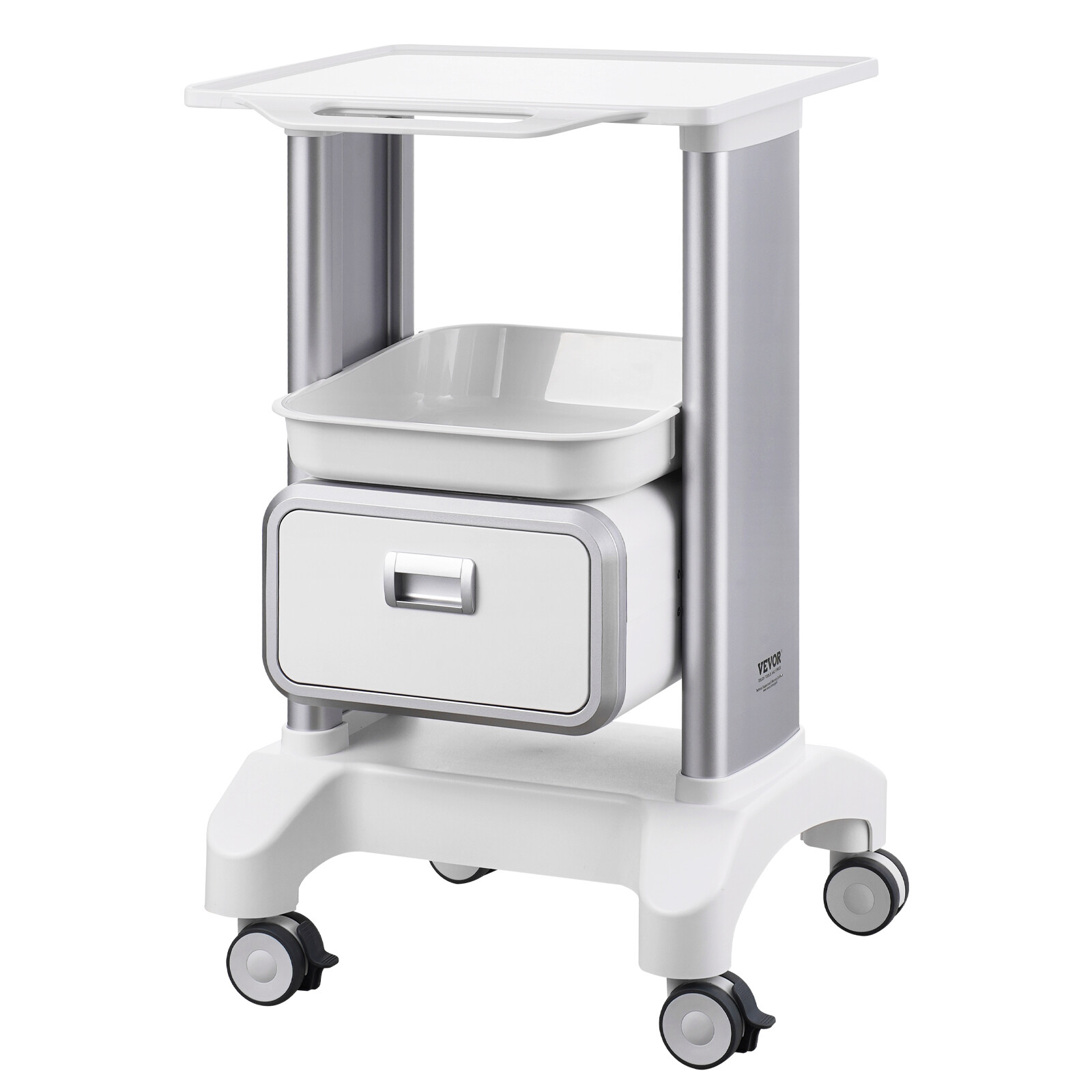VEVOR 2 Tiers Lab Carts Mobile Medical Cart with 1 Drawer & 1 Top Tray White