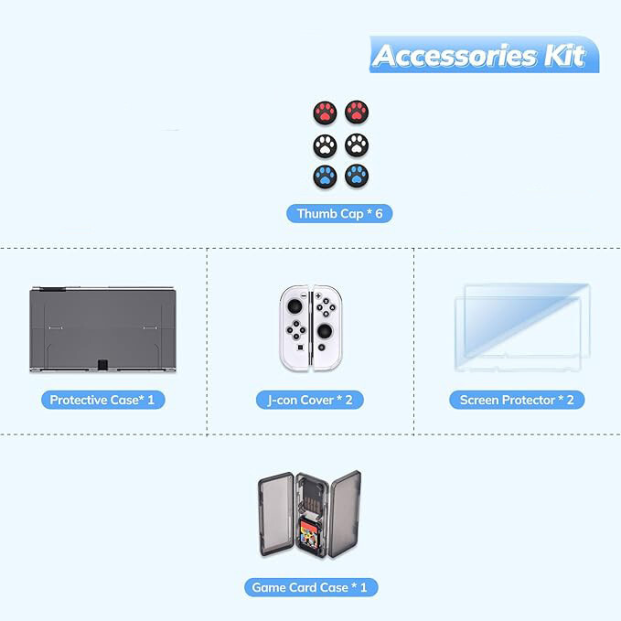 Nintendo Switch OLED Accessories Kit Screen Protector Case Cover Card Thumb Caps