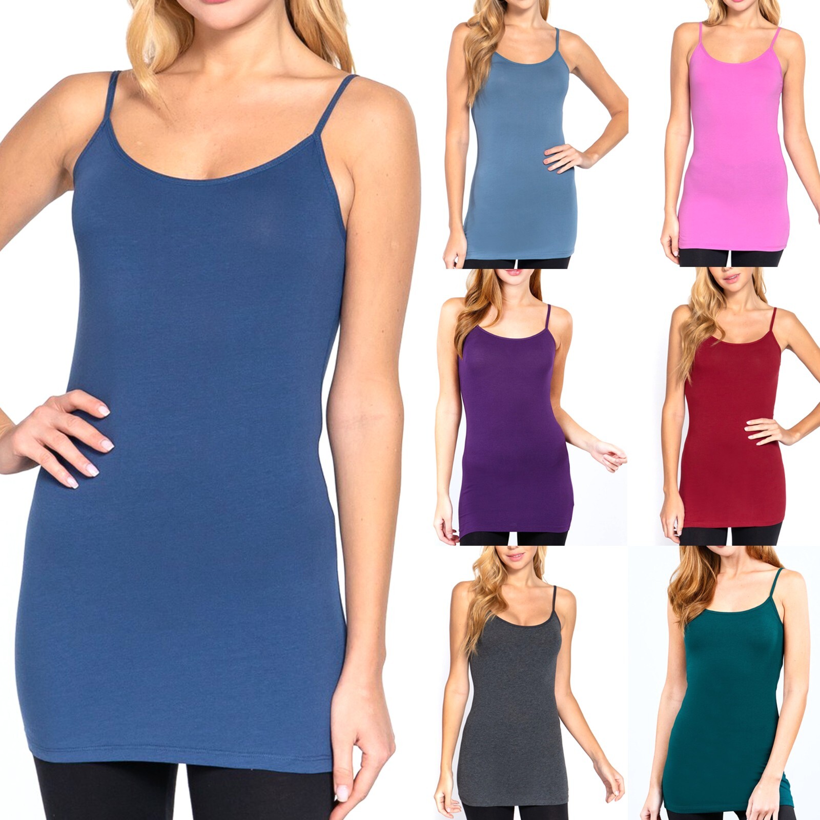 Womens Cotton Stretch Long Camisole Tank Top Cami Tunic Layering Plain