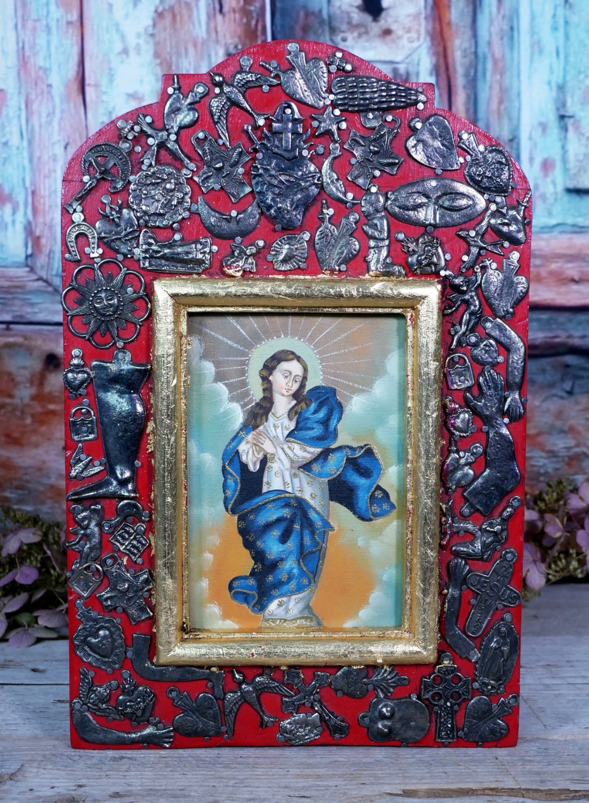 Virgin Immaculate Conception Retablo Milagros Original Painting Mexican Folk Art