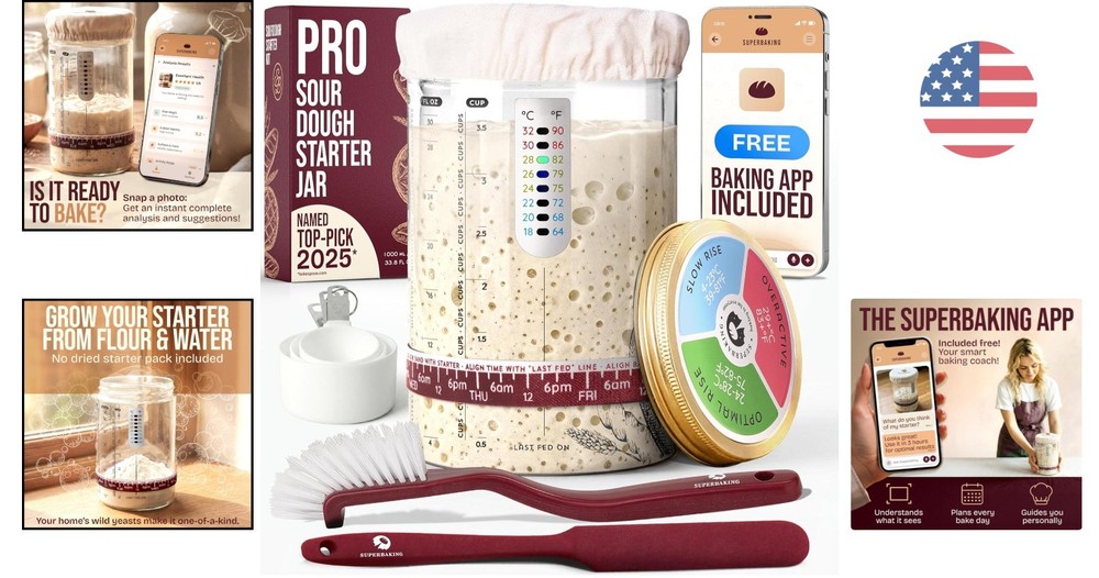 Dishwasher Safe Sourdough Starter Kit - 34oz Glass Jar & Complete Tools Set