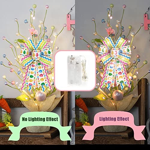 Threetols 2PCS LED Easter Wreath Bows, LED Light Spring Colorful Stripe Bows