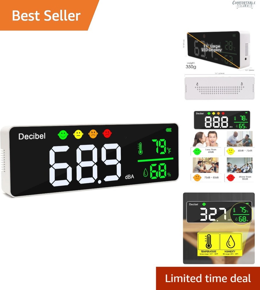 Large 11 Inch LED Decibel Meter - Accurate Noise Level & Temperature Reader
