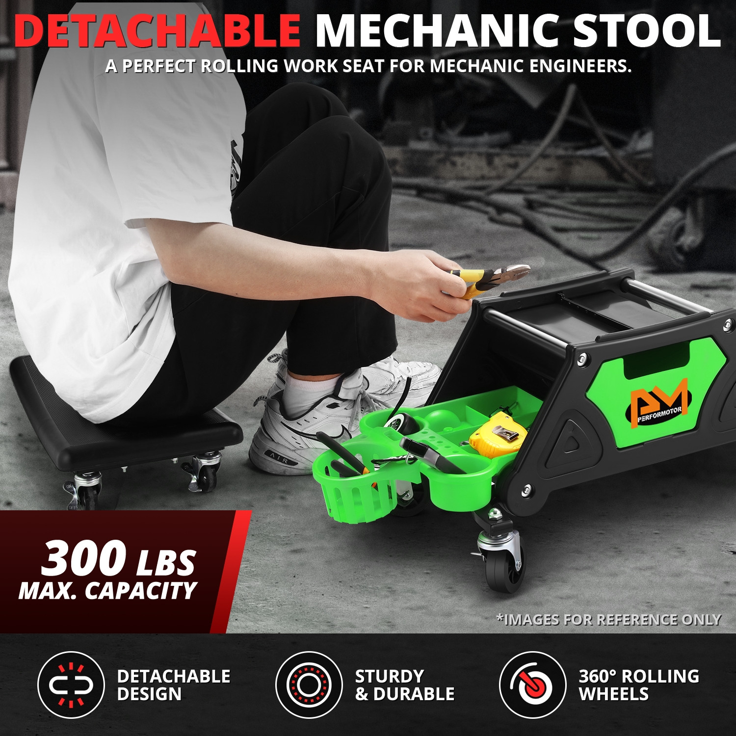 Detachable Stool Heavy Duty Mechanic Rolling Work Shop Seat w/ Tool Tray Green