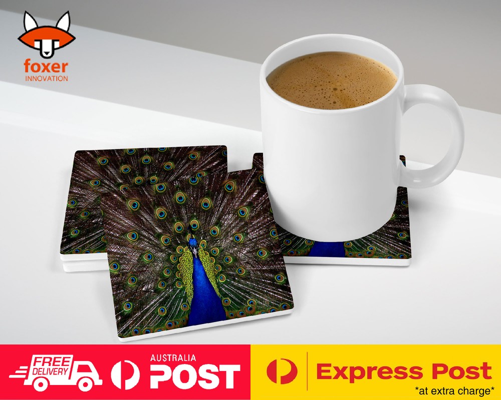 COASTER COFFEE DRINKING MAT|FUN CLASSIC CUTE BLUE PEACOCK #1
