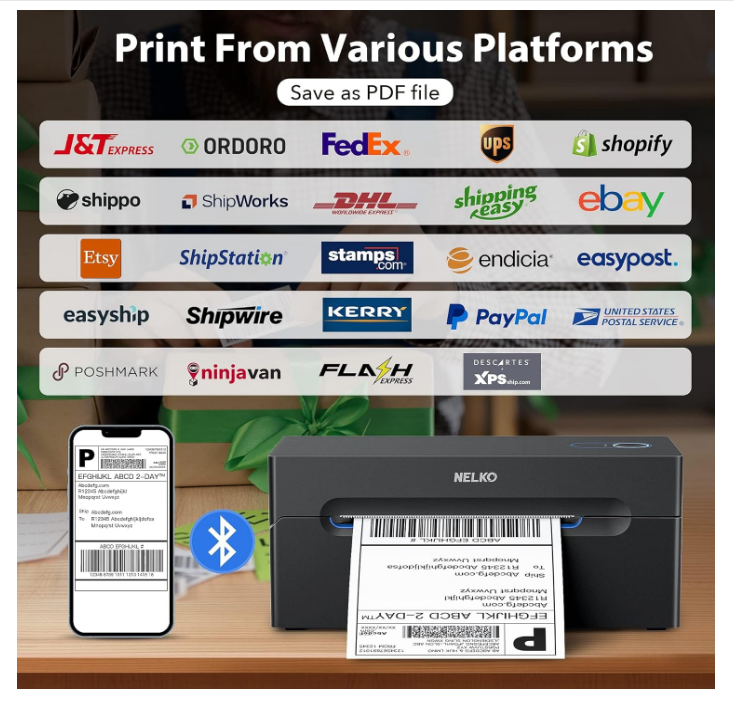 Nelko Bluetooth Thermal Shipping Label Printer Wireless 4x6 Label Printer