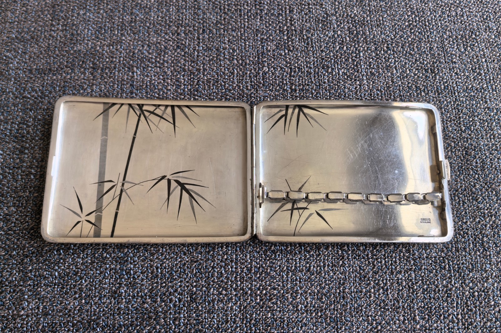 Vintage Japanese K.Uyeda Sterling Silver Cigarette Case with Bamboo Design