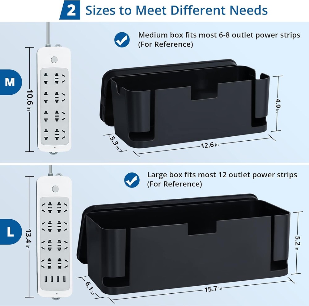 Cable Management Box Black, 2Pack Cord Organizer Box - Extra Large and Medium Si