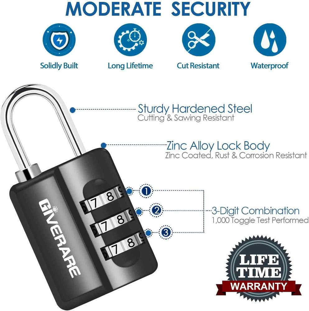 GIVERARE 4 Pack Combination Lock, 3-Digit Padlock Keyless, Small, Black