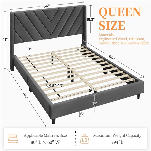 Full/Queen Upholstered Bed Frame with Wing Side Headboard, No Box Spring Needed