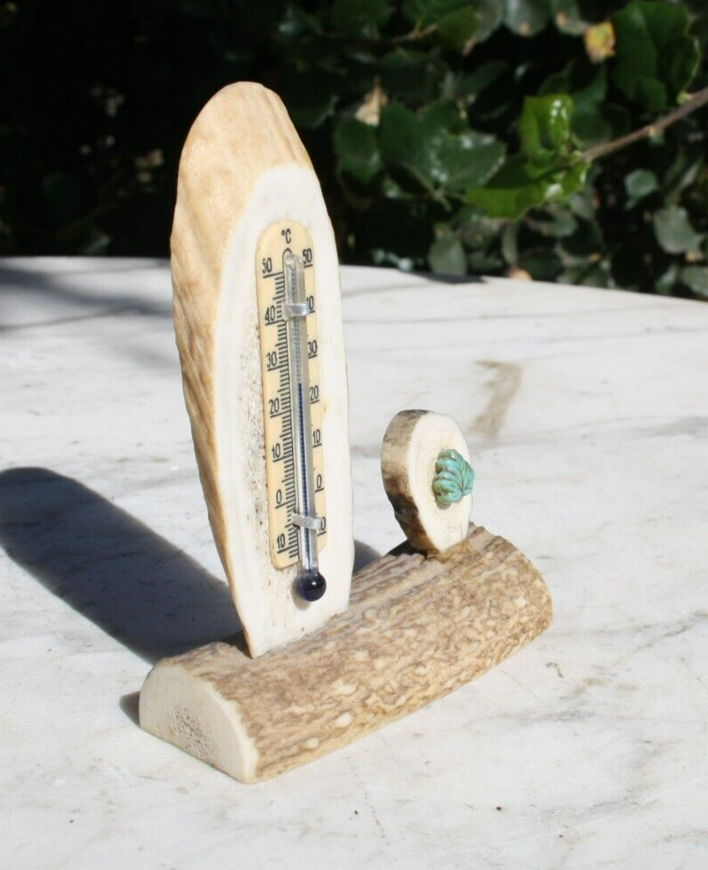 Vintage Antler Bone Thermometer Celsius with Turquoise Leaf