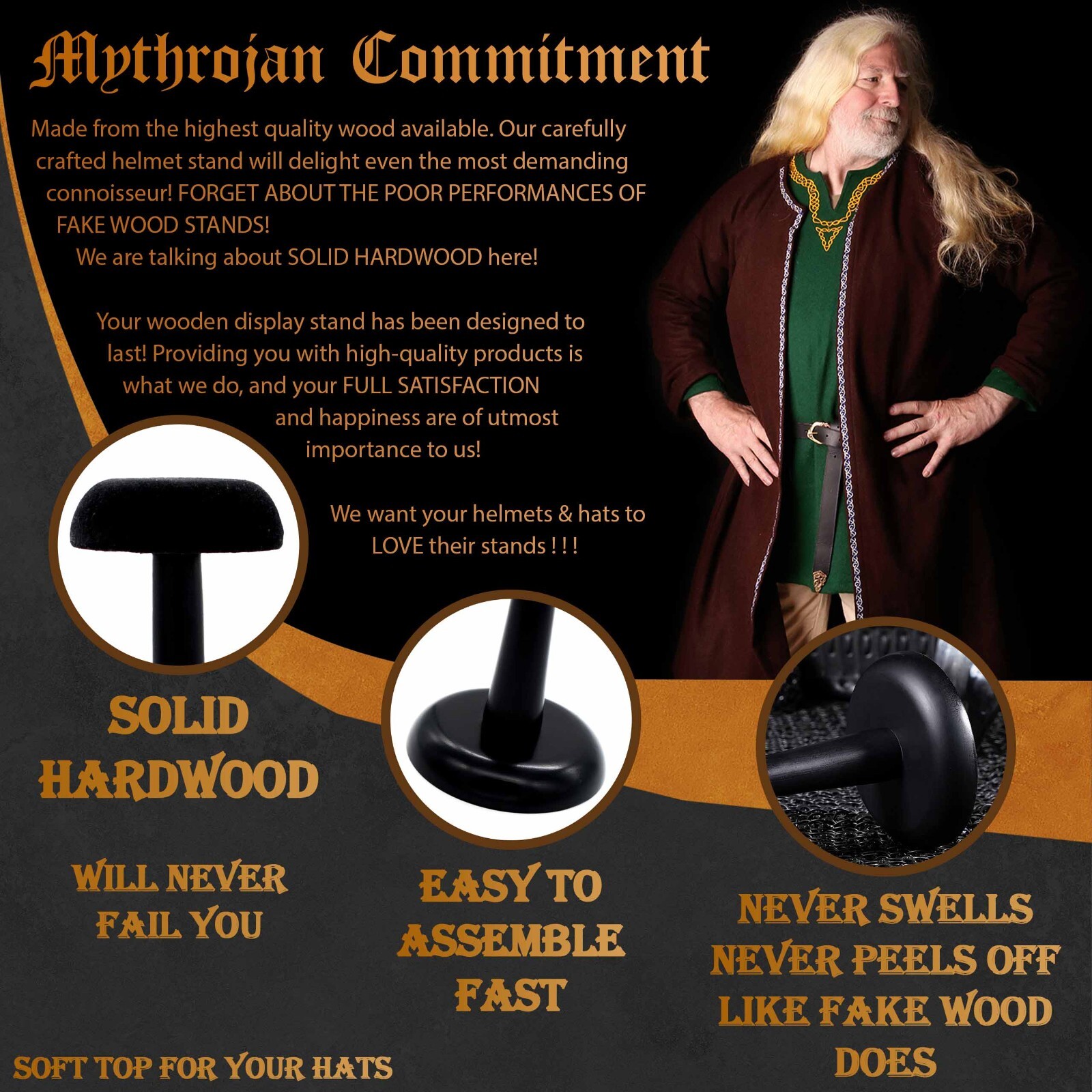 Medieval Helmet Stand Wooden Display Armor Holder Viking Knight Headwear Black