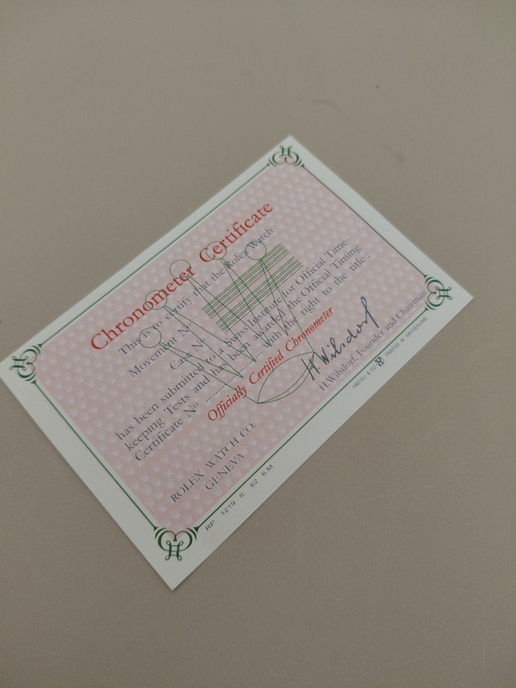Rolex Vintage Chronometer Card  paper  Dated 1962