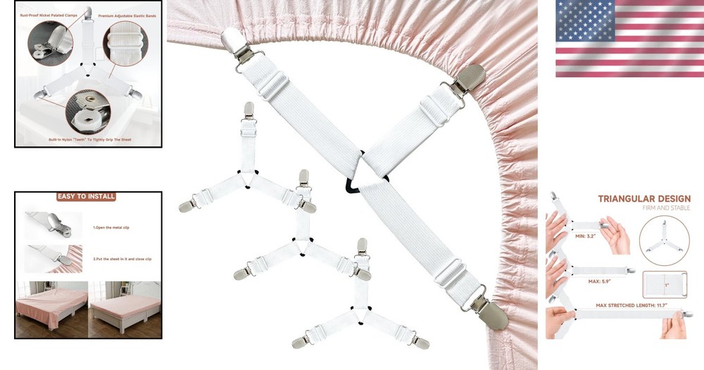 Fitted Bed Sheet Straps - 4-Pc Non-Slip Clips for Secure Bedding & Easy Install