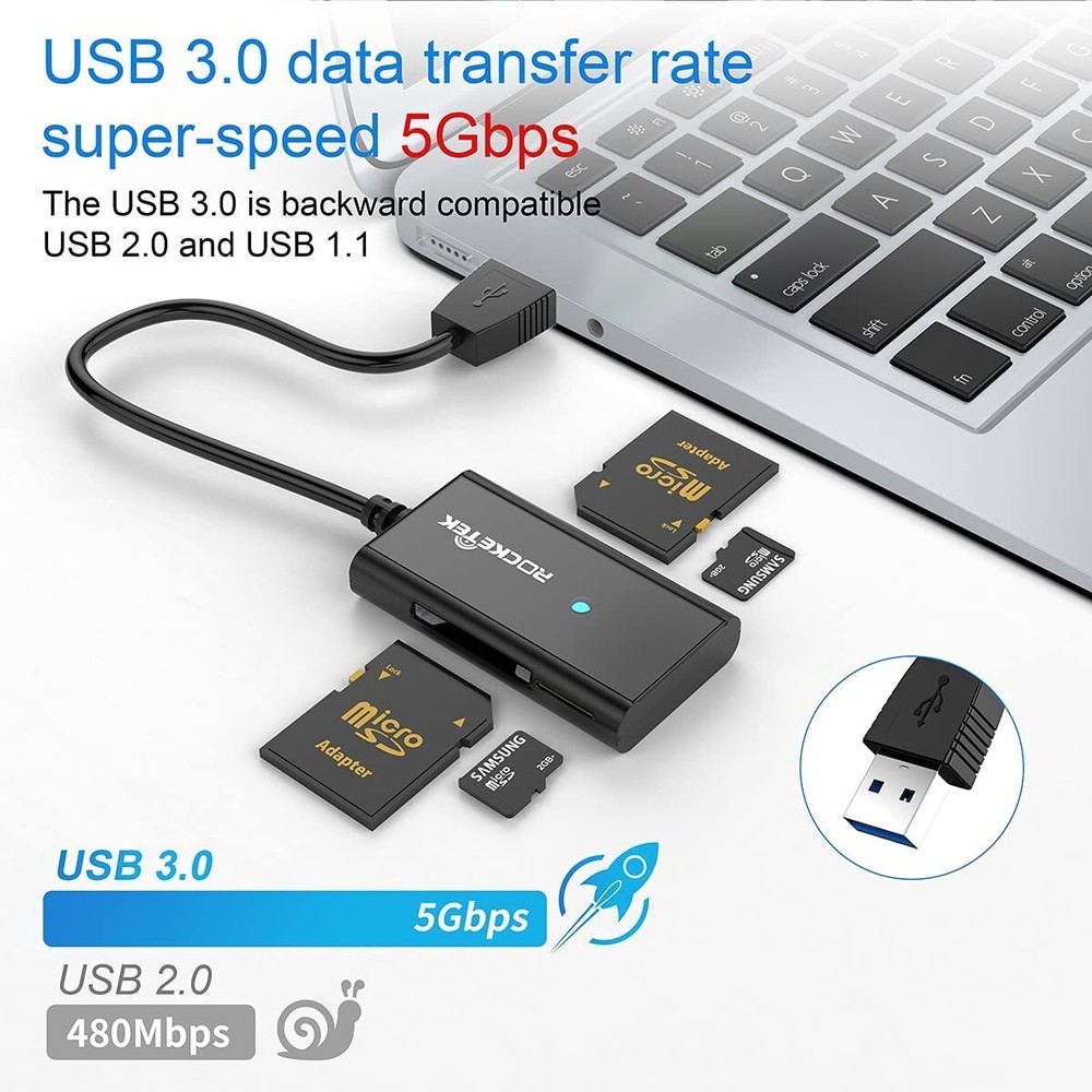 USB 3.0 SD Card Reader, Rocketek 4 Slots Memory Card Reader with a 13CM Flexible