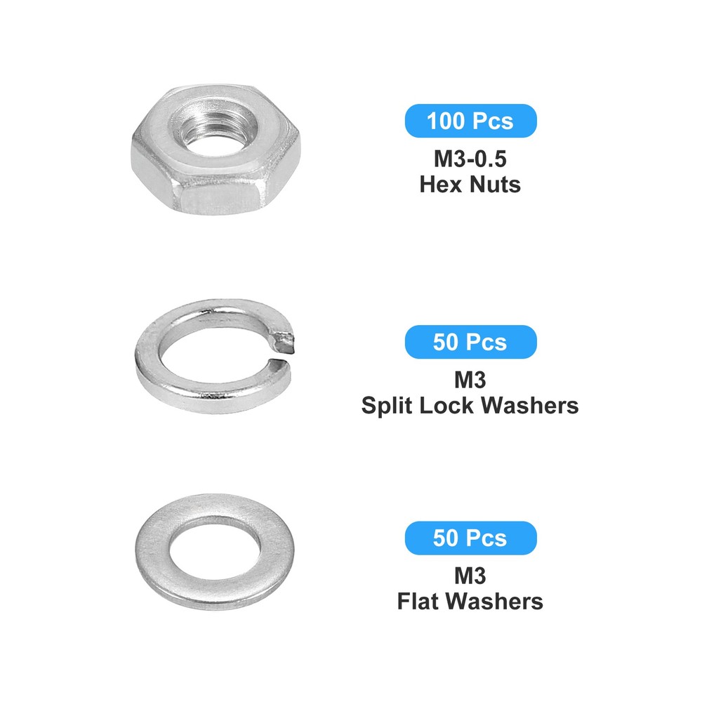 Hex Nuts Assortment Kit (M3-0.5 Hex Nut with M3 Flat & Lock Washers) 200Pcs