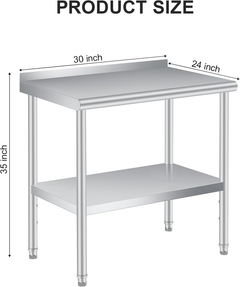 Stainless Steel Work Table with Backsplash, Heavy Duty Prep Table for Kitchen