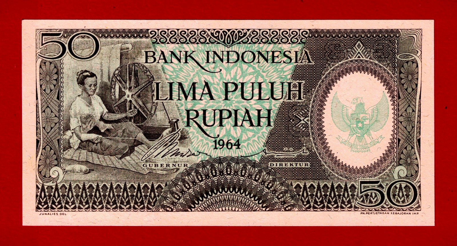 RARE 50 RUPIAH 1964 INDONESIA UNC Note - Sign: Hertatijanto & Muda Dalam (P-96a)