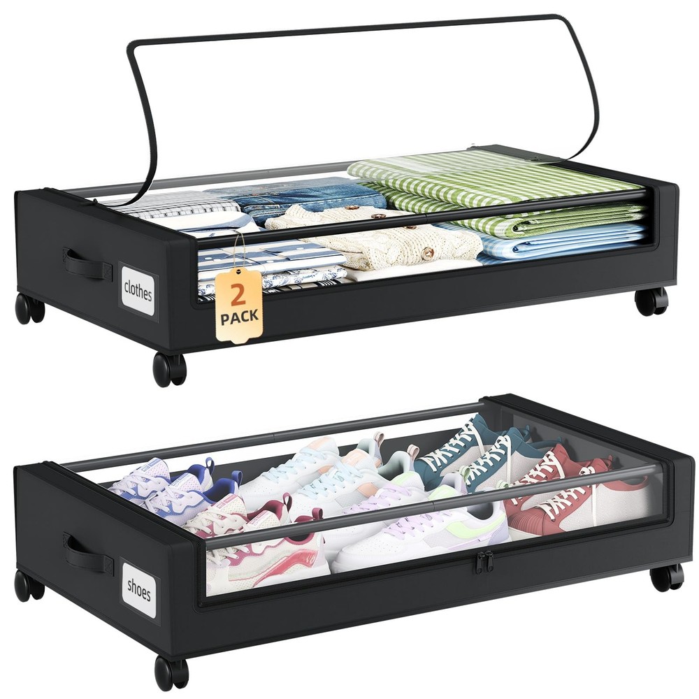 Under Bed Storage with Wheels 2 Pack Containers Dividers & Clear Lids Easy