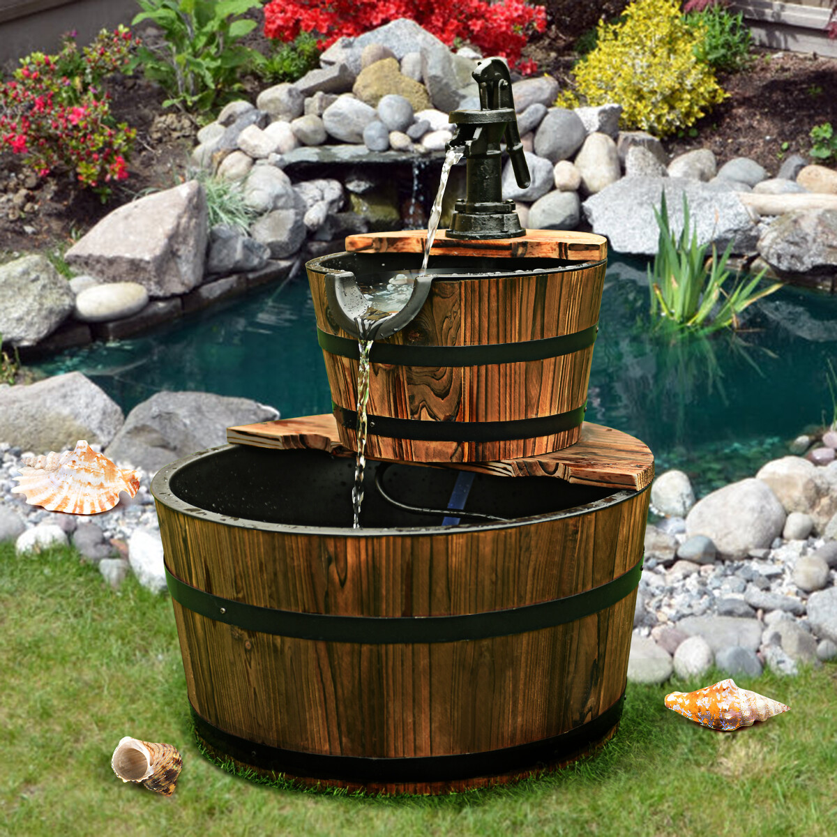 2 Tier Barrel Waterfall Fountain Barrel Wooden Water Fountain Pump Garden Patio
