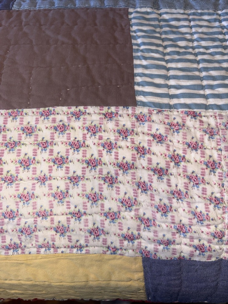 Vintage Hand Quilted Patchwork Quilt Primitive Full 1940s
