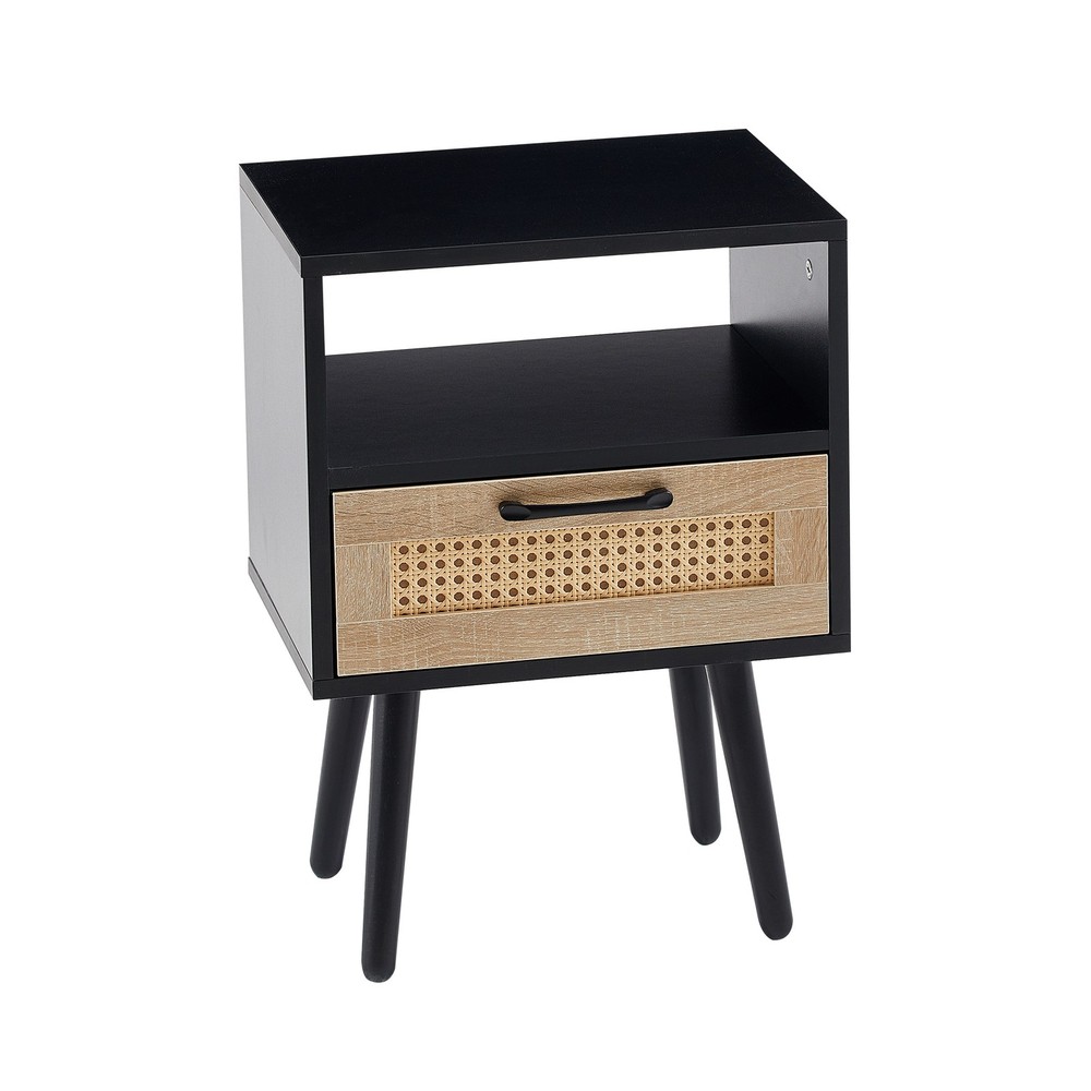 Rattan End Table with Drawer and Solid Wood Legs Modern Nightstand Side Table