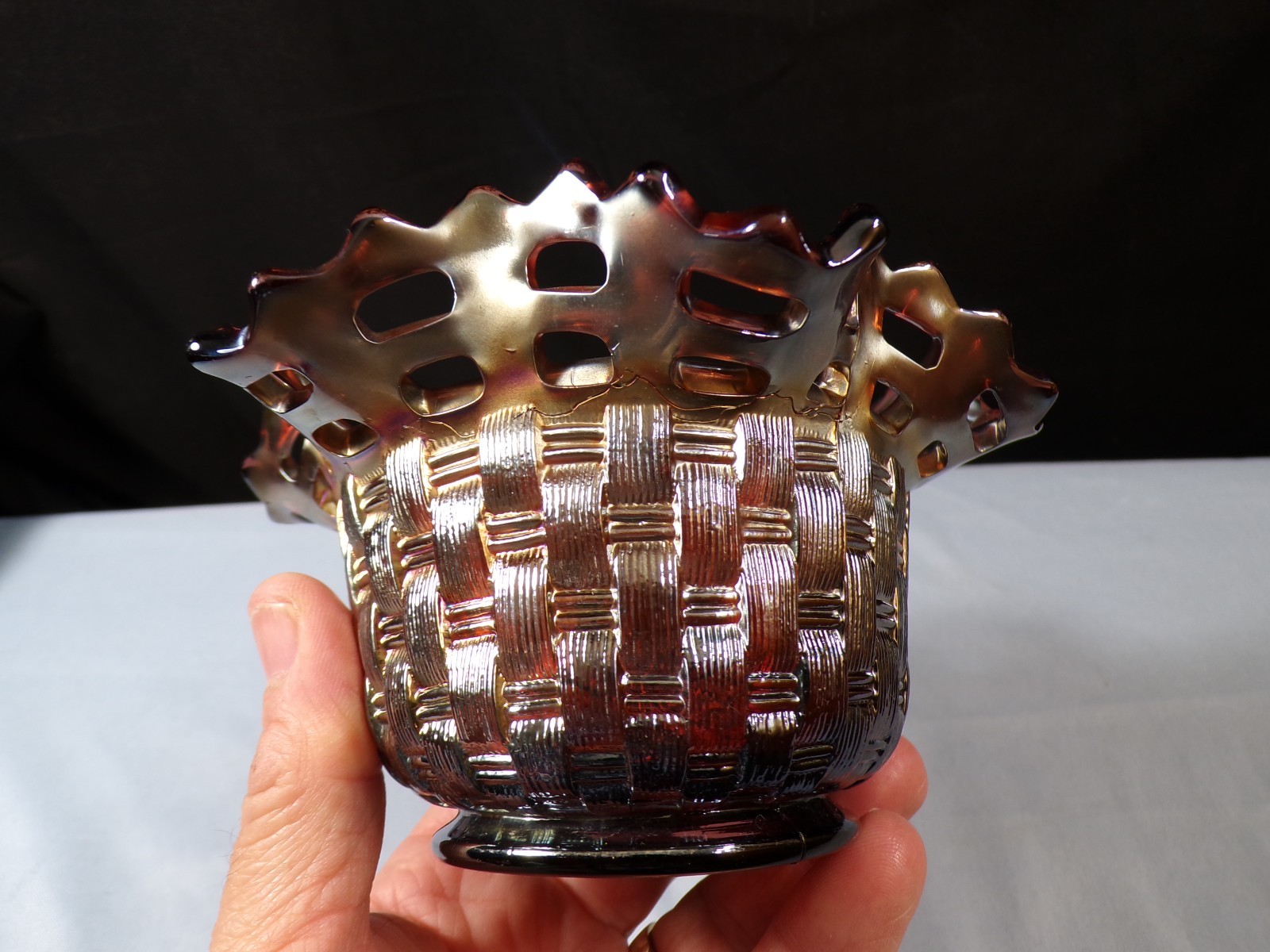 Fenton Amethyst Purple Carnival Glass Basketweave Bowl w/ Blackberry Interior