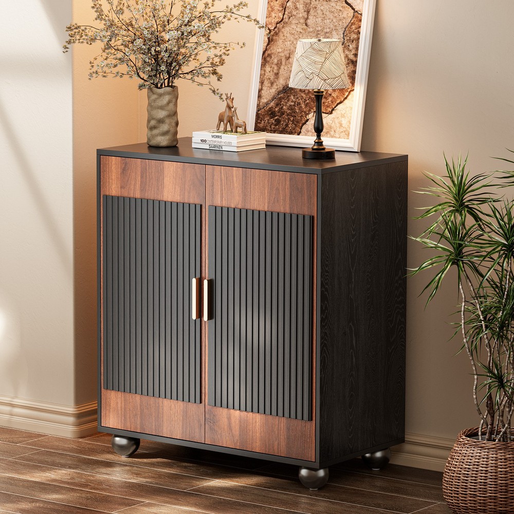 Fluted Sideboard Cabinet with Storage Solid Wood Buffet Corner Cabinet Walnut